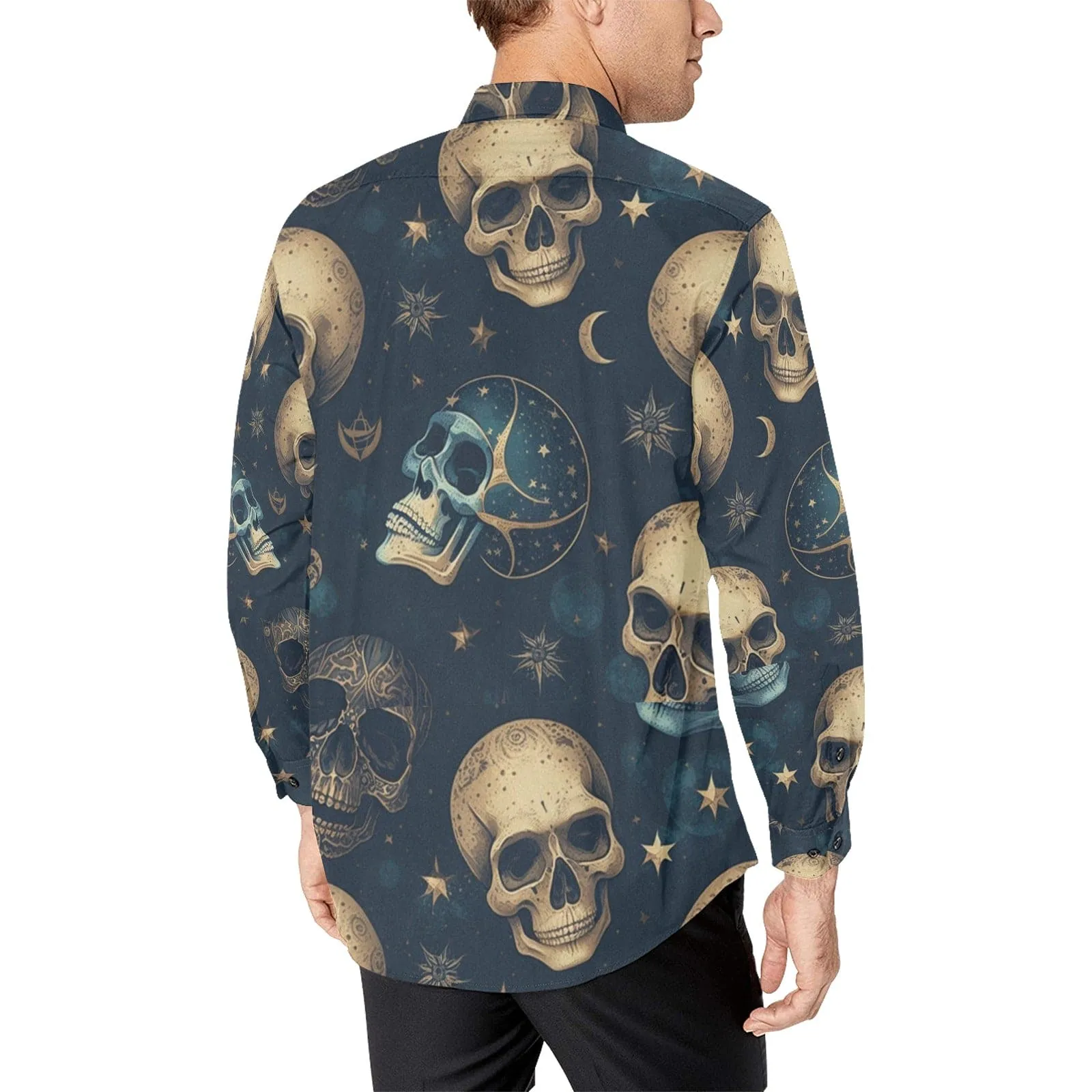 Men's Skulls On Black Long Sleeve Dress Shirt