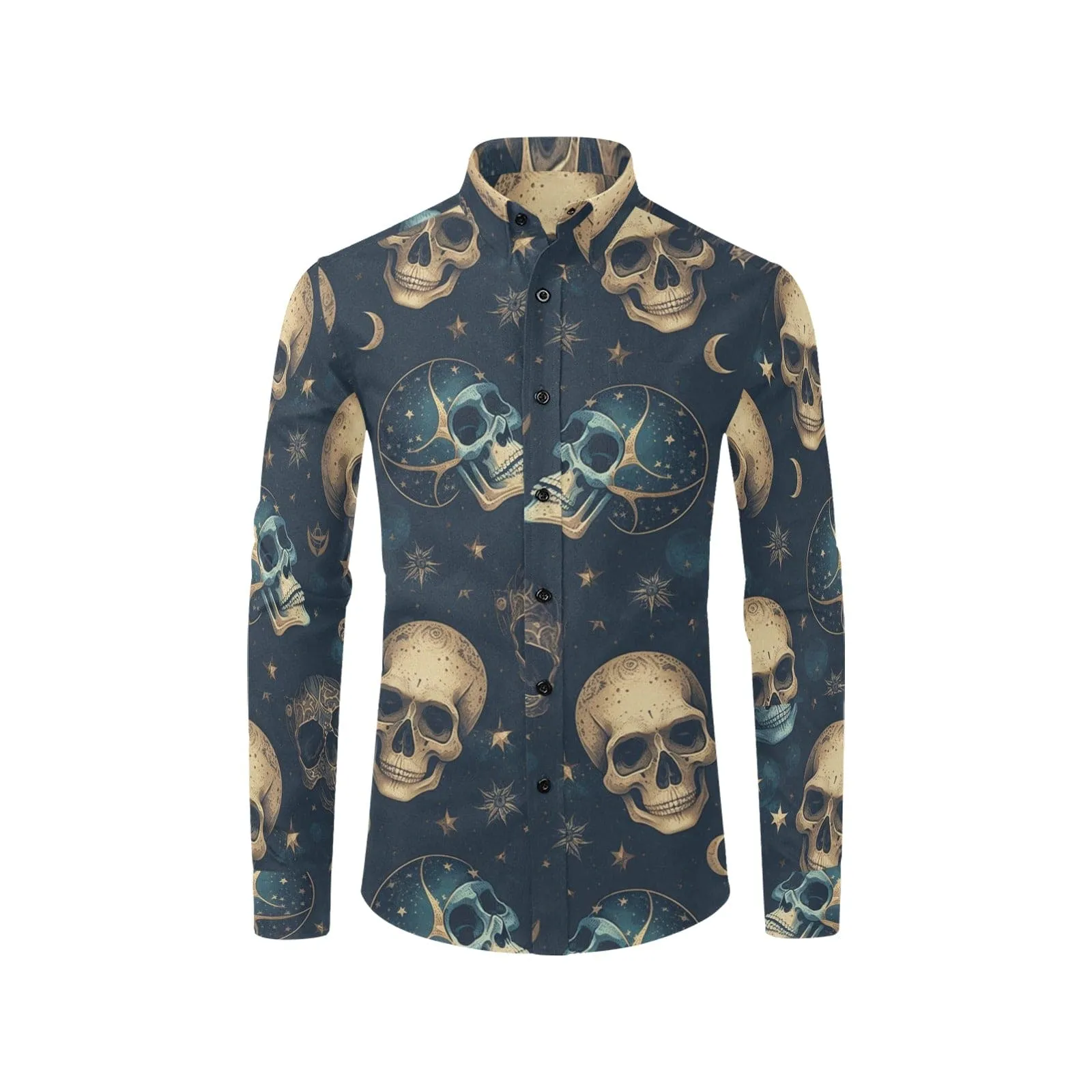 Men's Skulls On Black Long Sleeve Dress Shirt