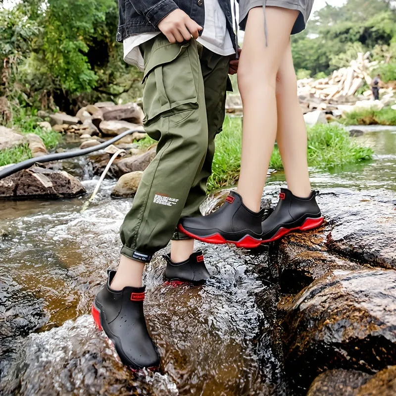Men's Solid Color Classic Slip On Waterproof Rain Boots, Comfy Non Slip Durable Casual Water Shoes For Men's Outdoor Activities