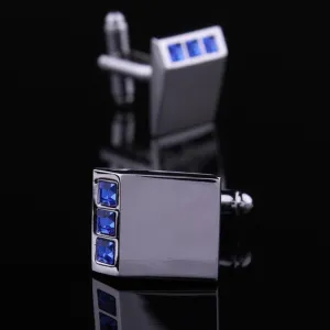 Men's Stainless Steel Silver with 3 small blue stones Cufflinks with Box