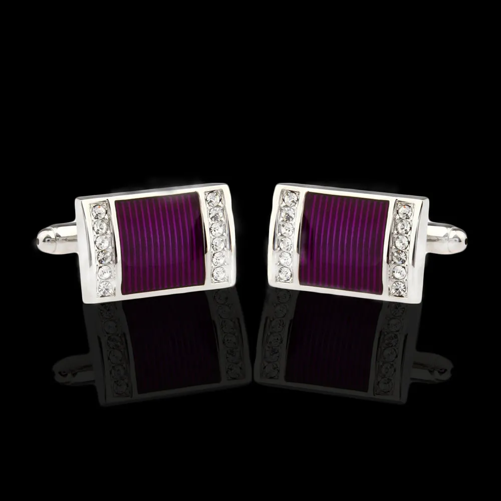 Men's Stainless Steel Silver with Purple and Stones Cufflinks with Box