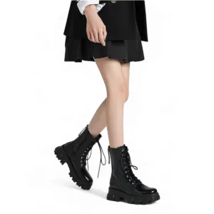 Merendy Sohaila Trendy Med Chunky Heel Lace-up Leather Black Boots