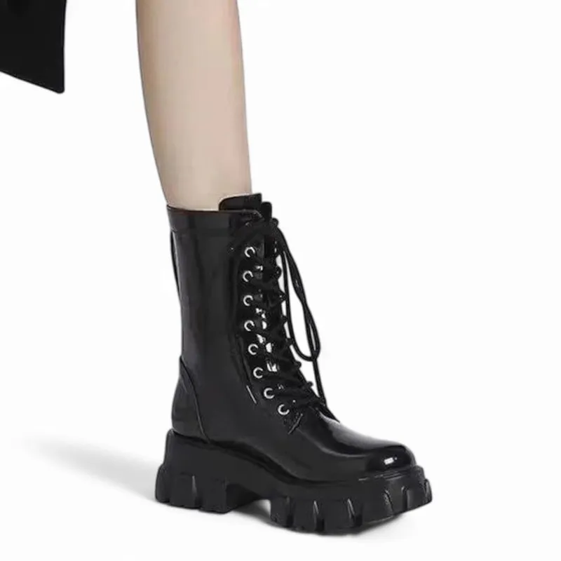 Merendy Sohaila Trendy Med Chunky Heel Lace-up Leather Black Boots