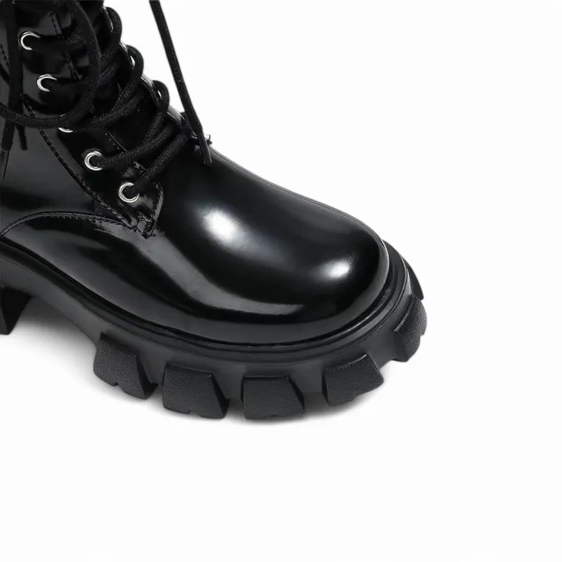 Merendy Sohaila Trendy Med Chunky Heel Lace-up Leather Black Boots