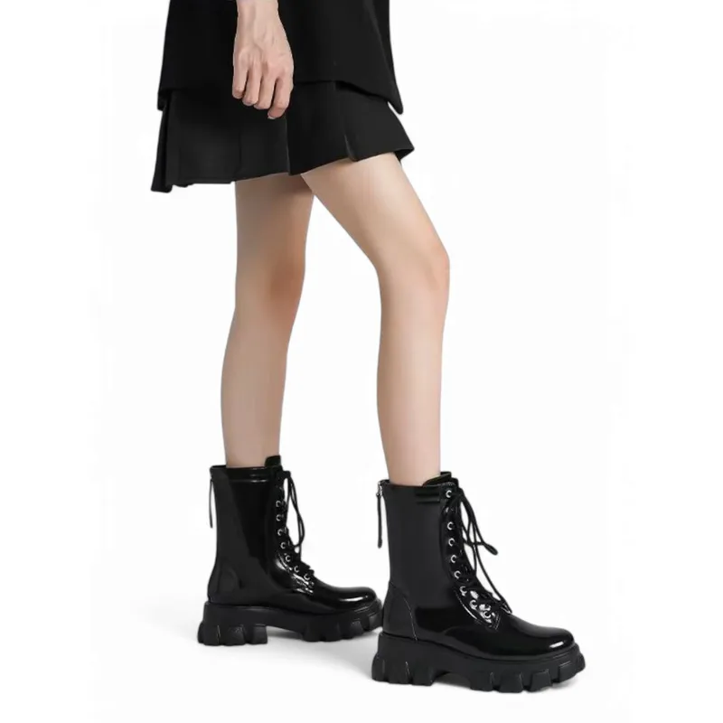 Merendy Sohaila Trendy Med Chunky Heel Lace-up Leather Black Boots