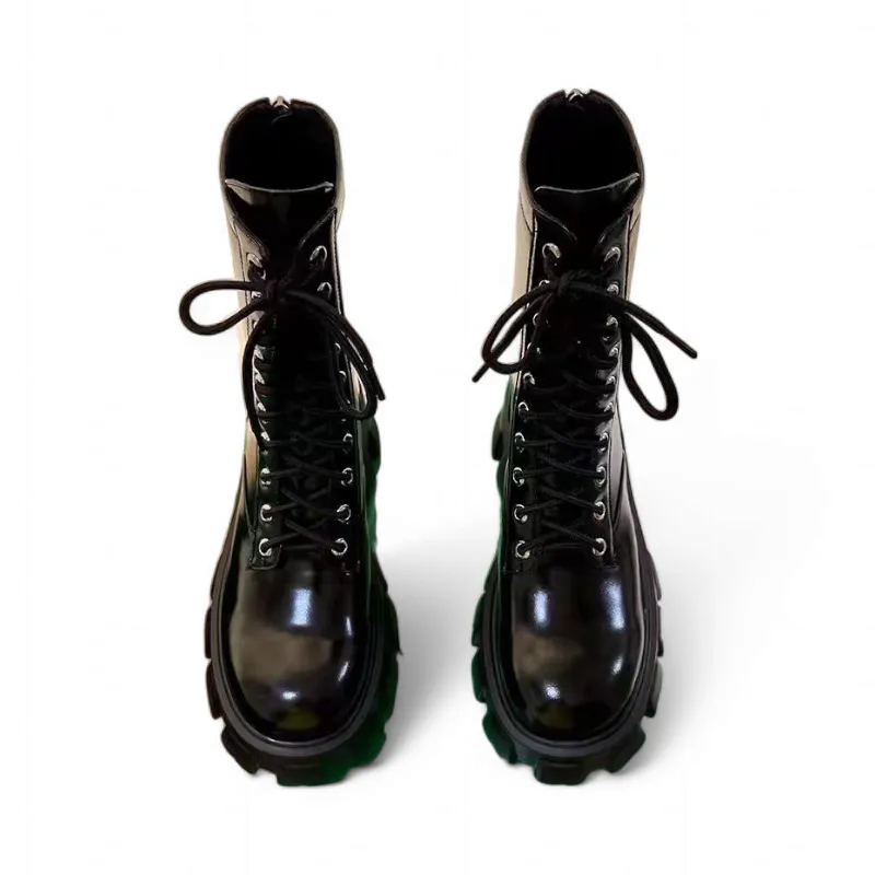 Merendy Sohaila Trendy Med Chunky Heel Lace-up Leather Black Boots