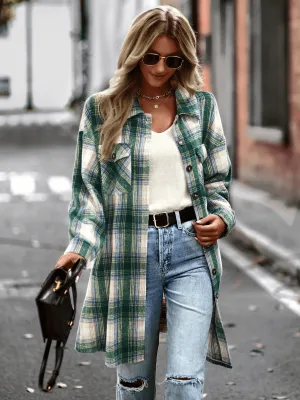 Midi Length Button-Up Pocketed Plaid Shacket - Green