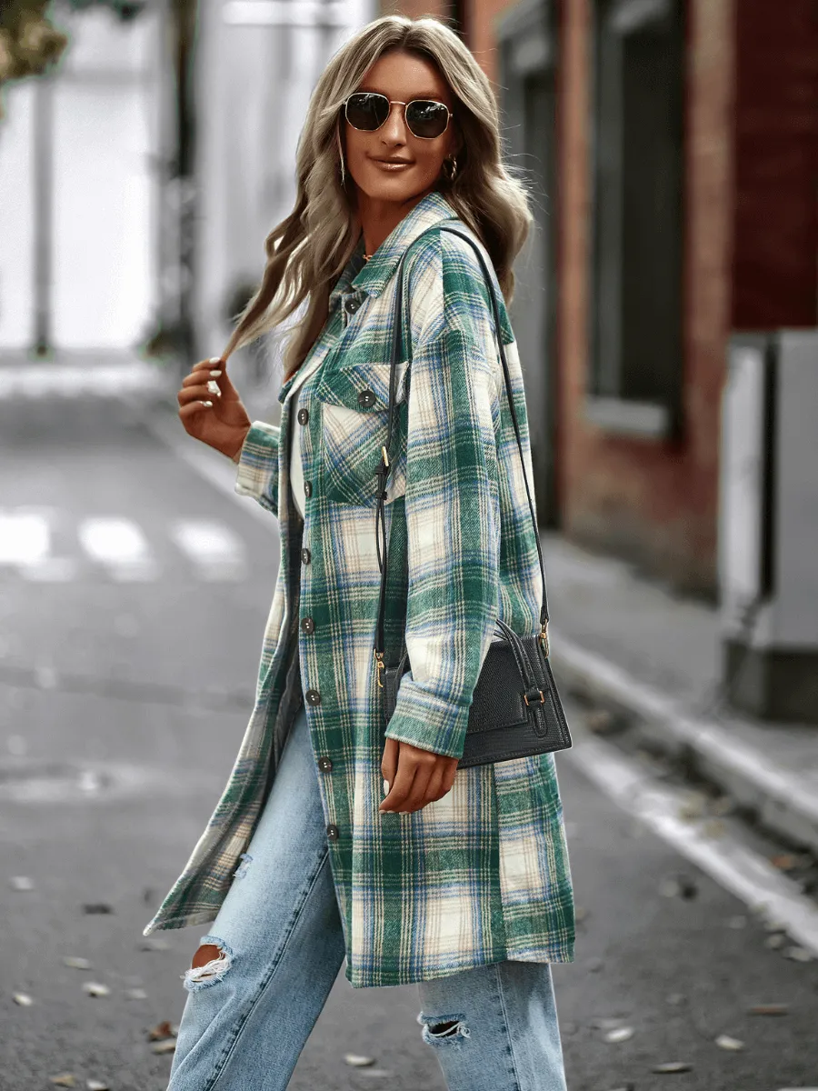Midi Length Button-Up Pocketed Plaid Shacket - Green