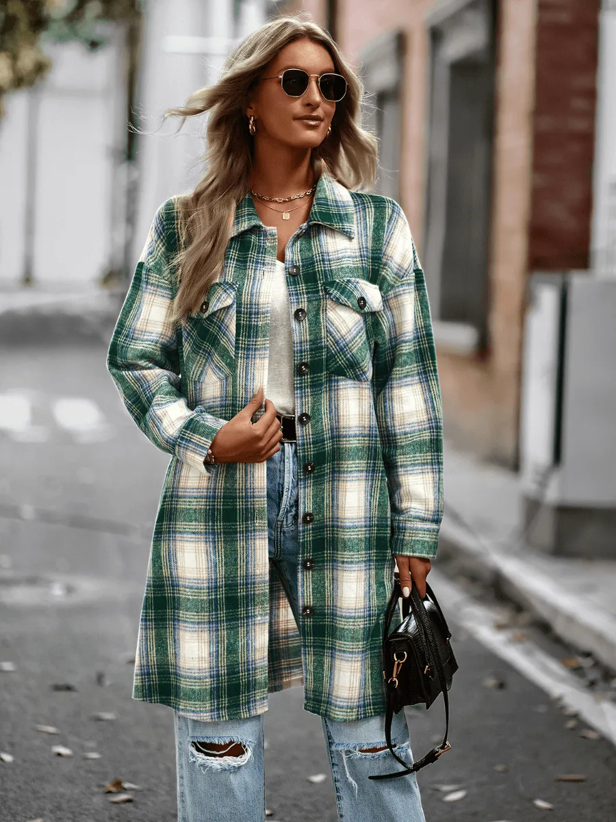 Midi Length Button-Up Pocketed Plaid Shacket - Green