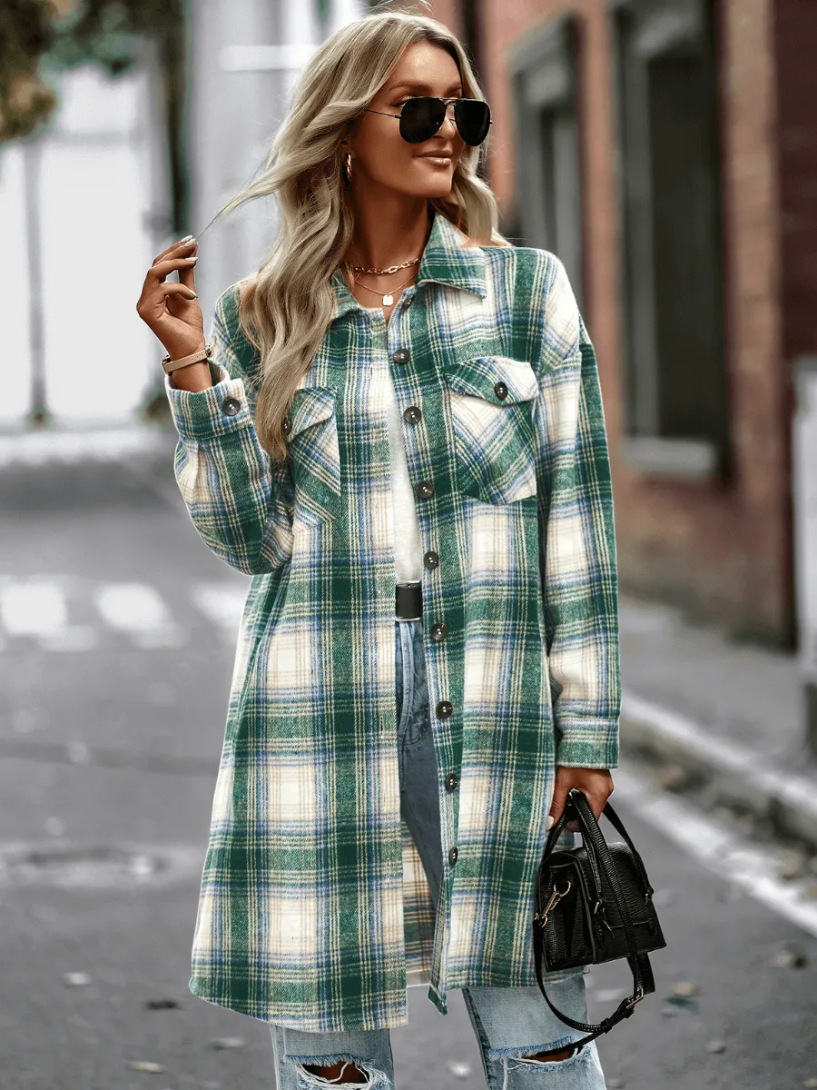 Midi Length Button-Up Pocketed Plaid Shacket - Green