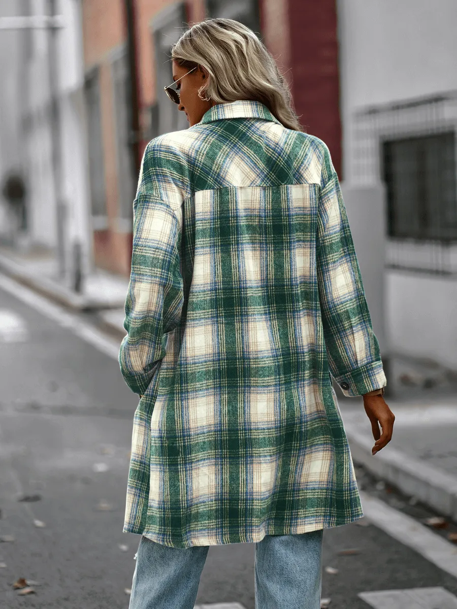 Midi Length Button-Up Pocketed Plaid Shacket - Green