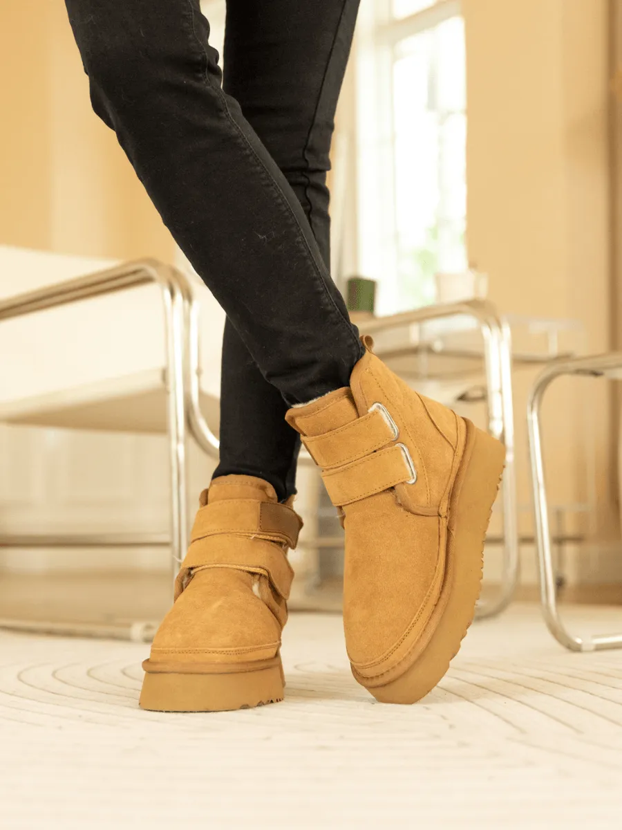 Montford Wool Lined Buckle Up Platform Boots " Chestnut