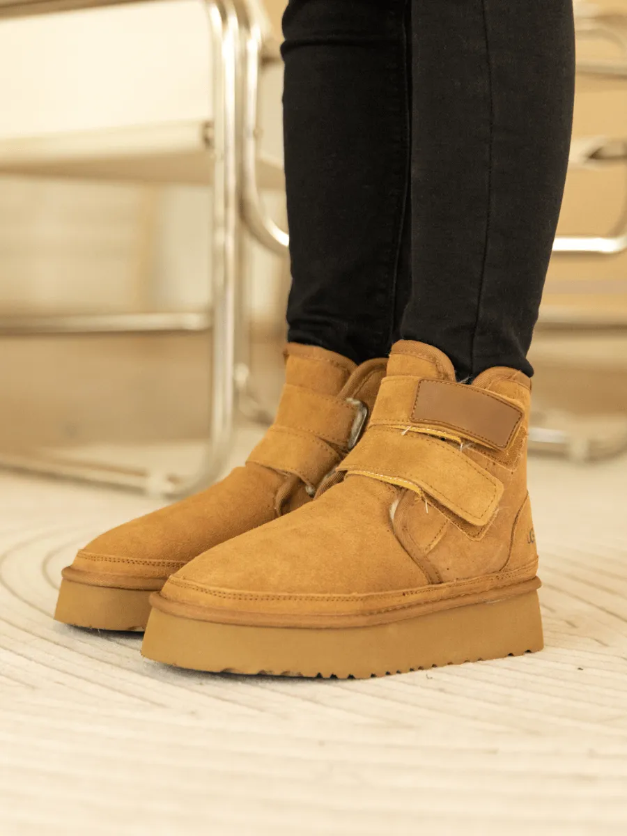 Montford Wool Lined Buckle Up Platform Boots " Chestnut