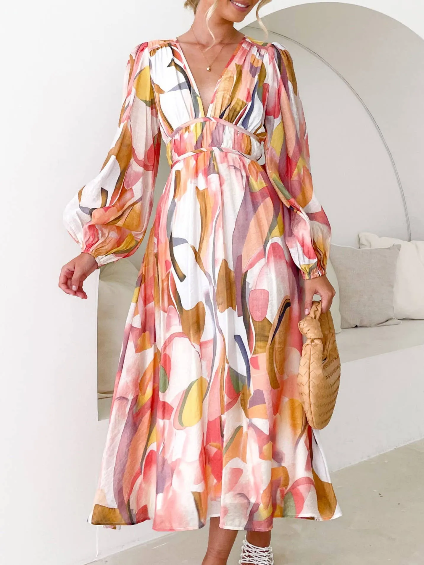 Mottled Floral Balloon Sleeve Maxi Dress: Blue / XL