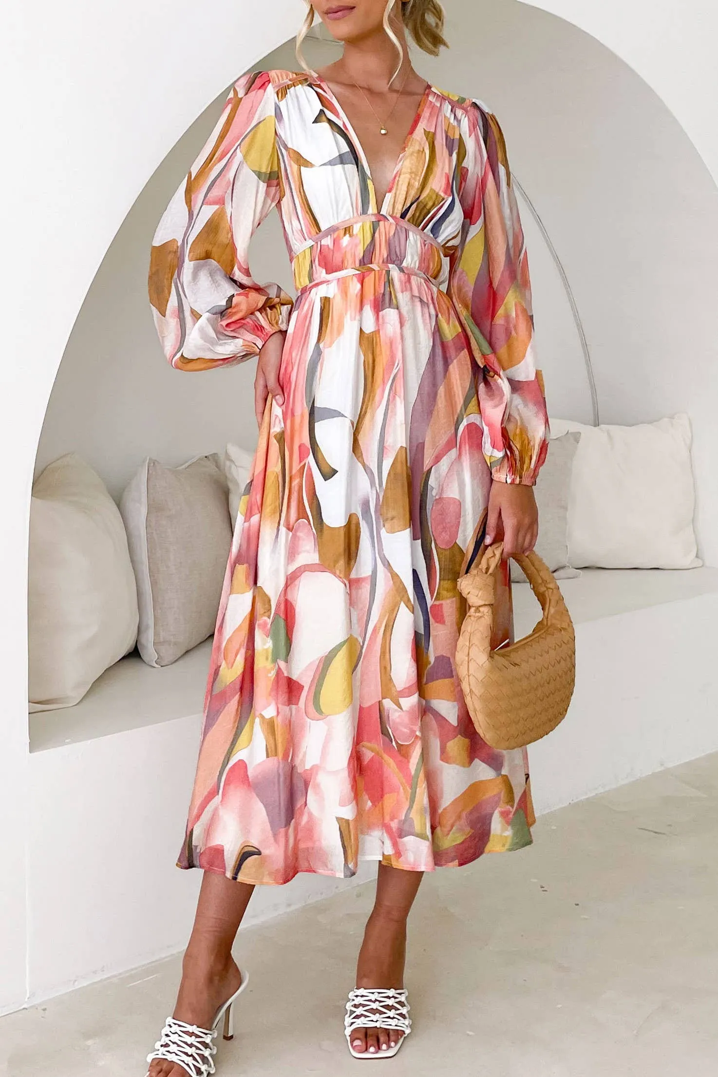 Mottled Floral Balloon Sleeve Maxi Dress: Blue / XL