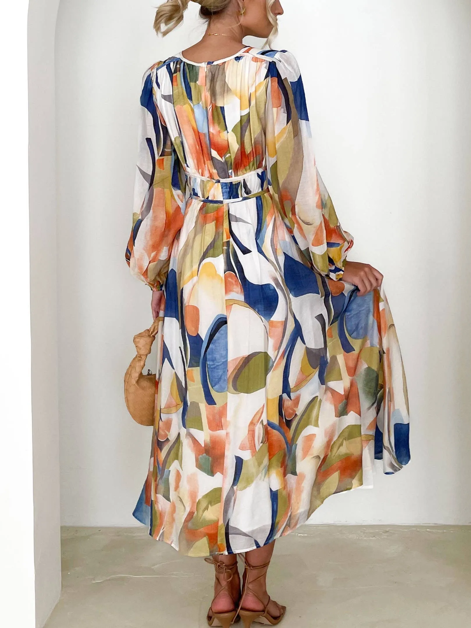 Mottled Floral Balloon Sleeve Maxi Dress: Blue / XL