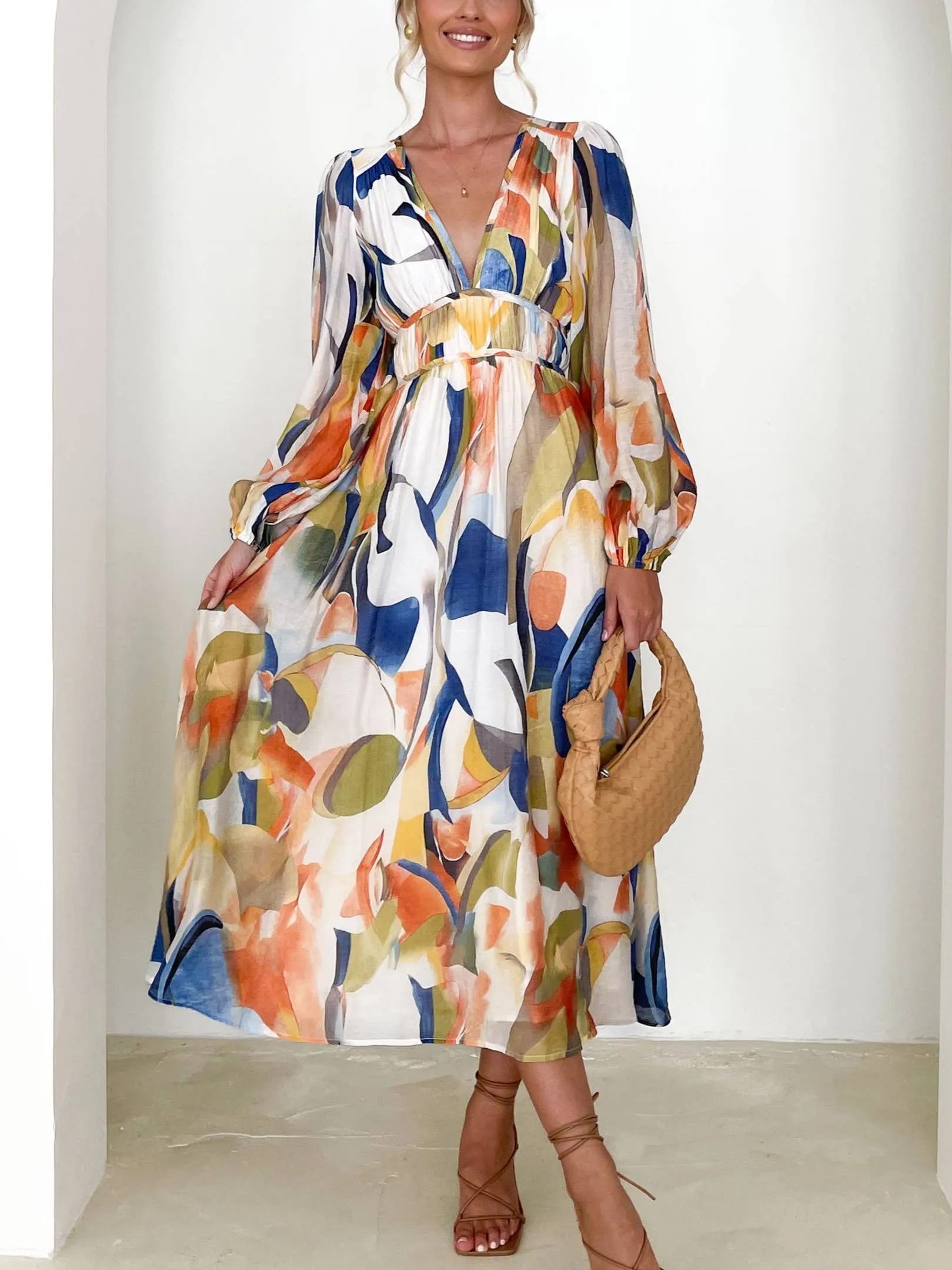 Mottled Floral Balloon Sleeve Maxi Dress: Blue / XL