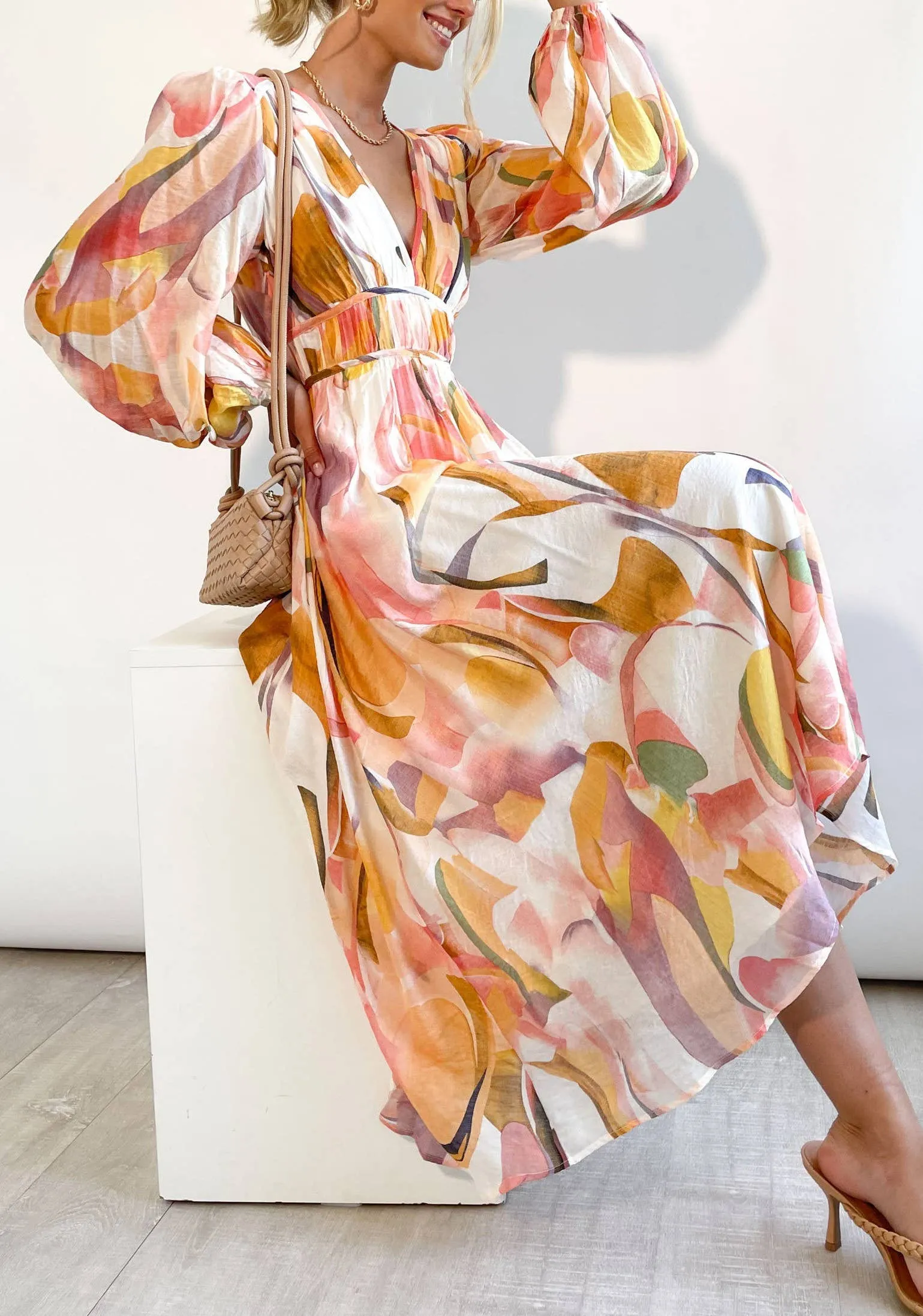 Mottled Floral Balloon Sleeve Maxi Dress: Blue / XL