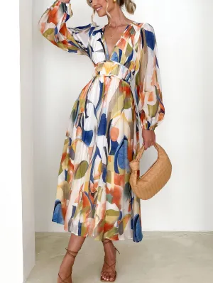 Mottled Floral Balloon Sleeve Maxi Dress: Blue / XL