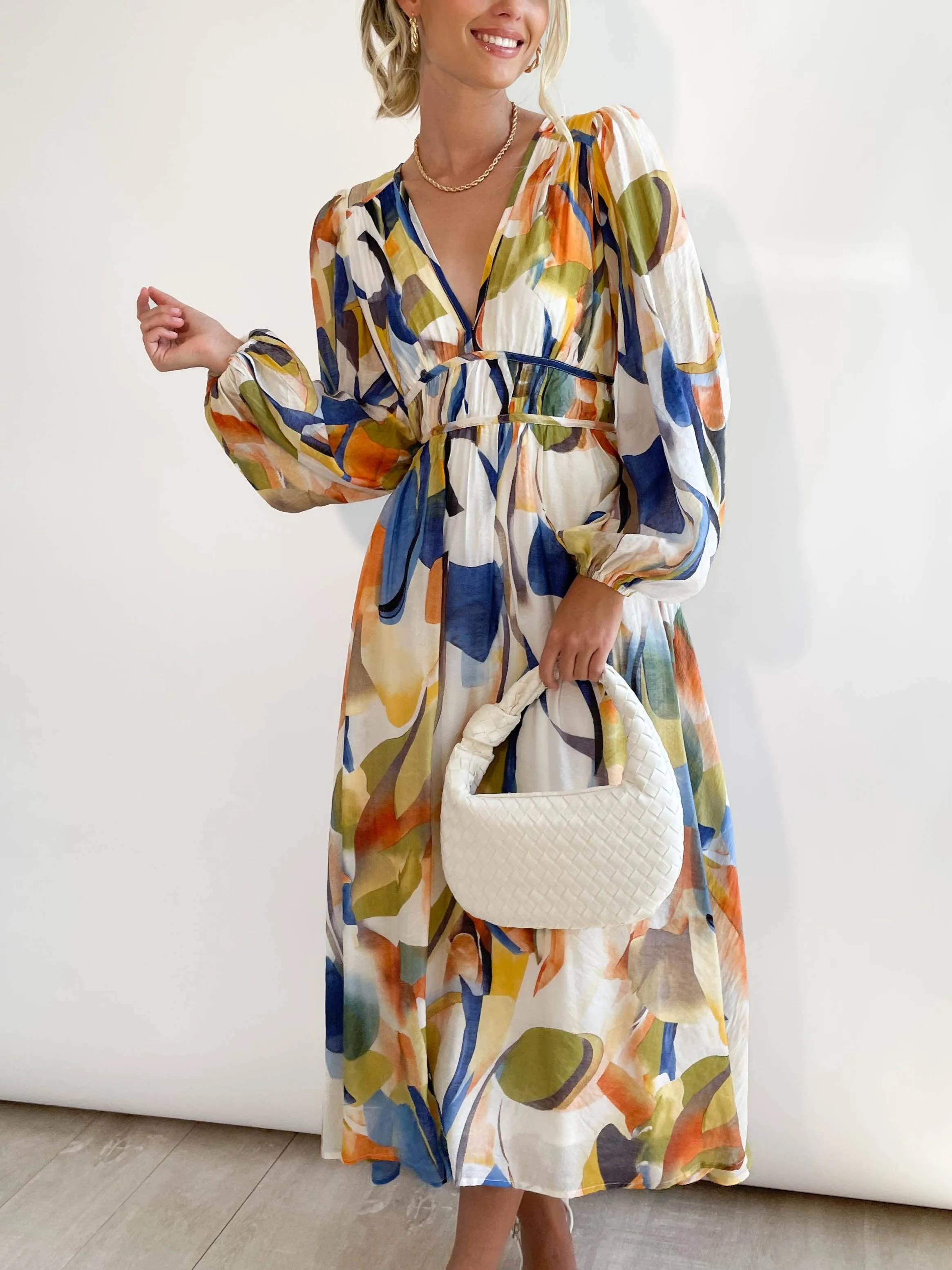 Mottled Floral Balloon Sleeve Maxi Dress: Blue / XL