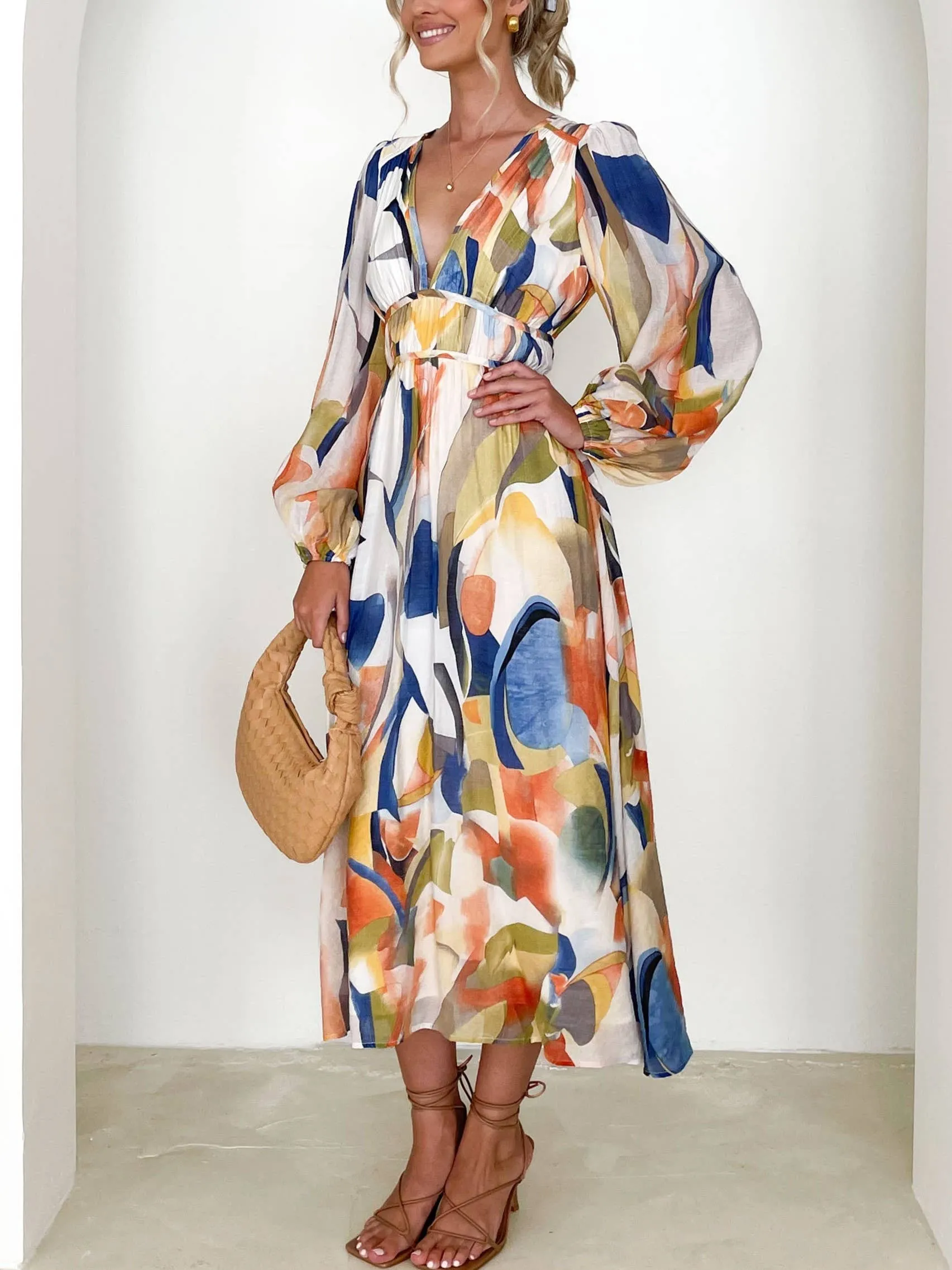 Mottled Floral Balloon Sleeve Maxi Dress: Blue / XL