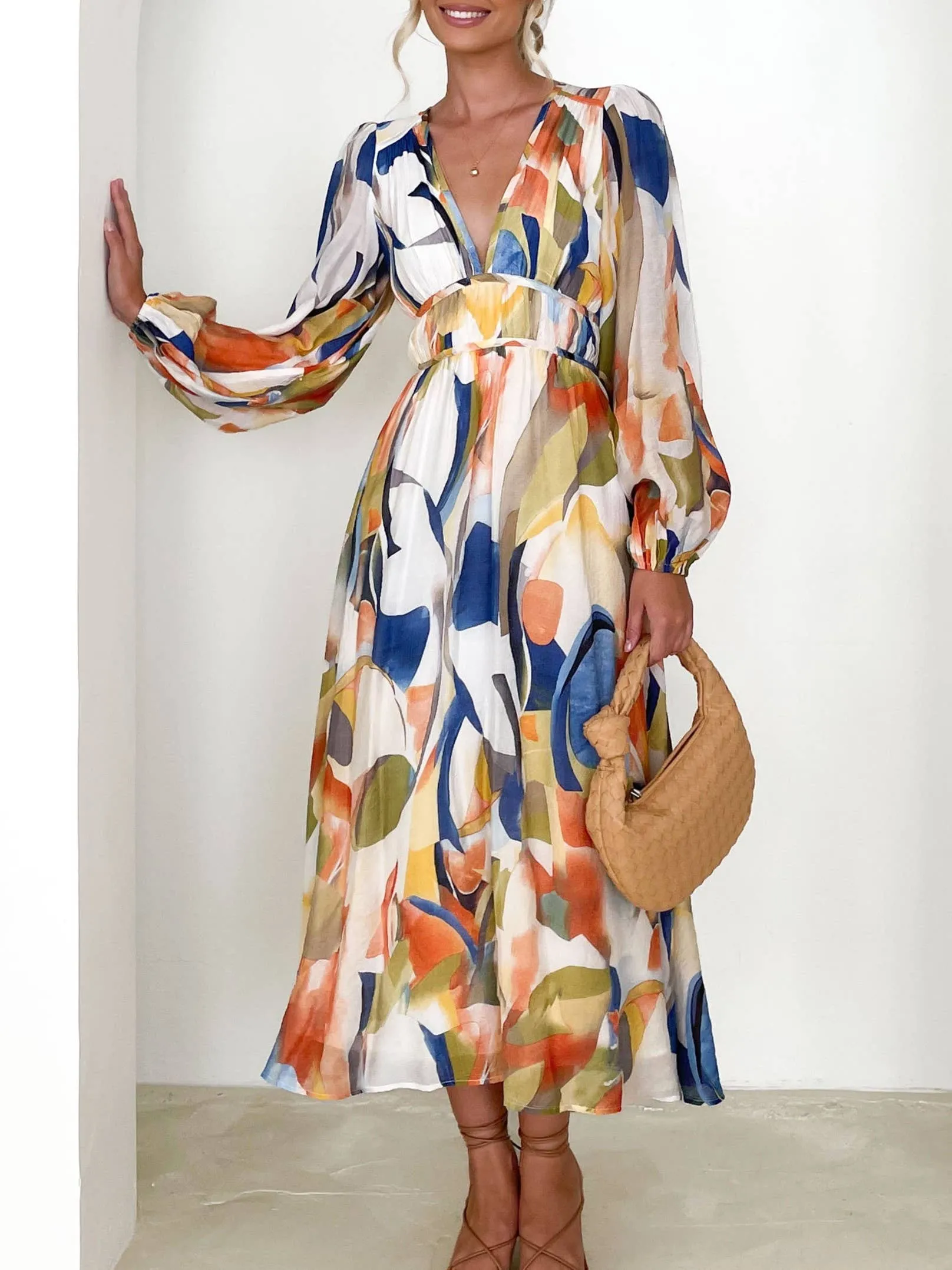 Mottled Floral Balloon Sleeve Maxi Dress: Blue / XL