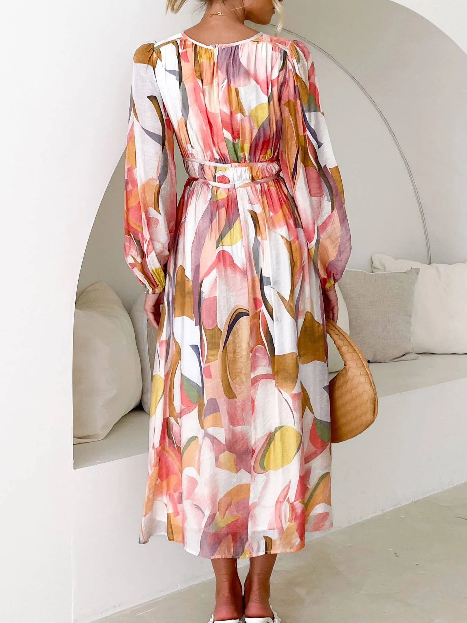 Mottled Floral Balloon Sleeve Maxi Dress: Blue / XL