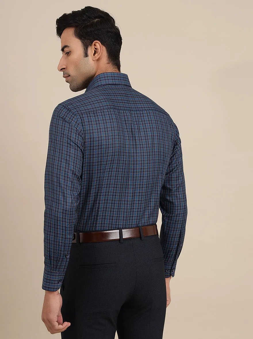 Navy Blue Checked Slim Fit Formal Shirt | Greenfibre
