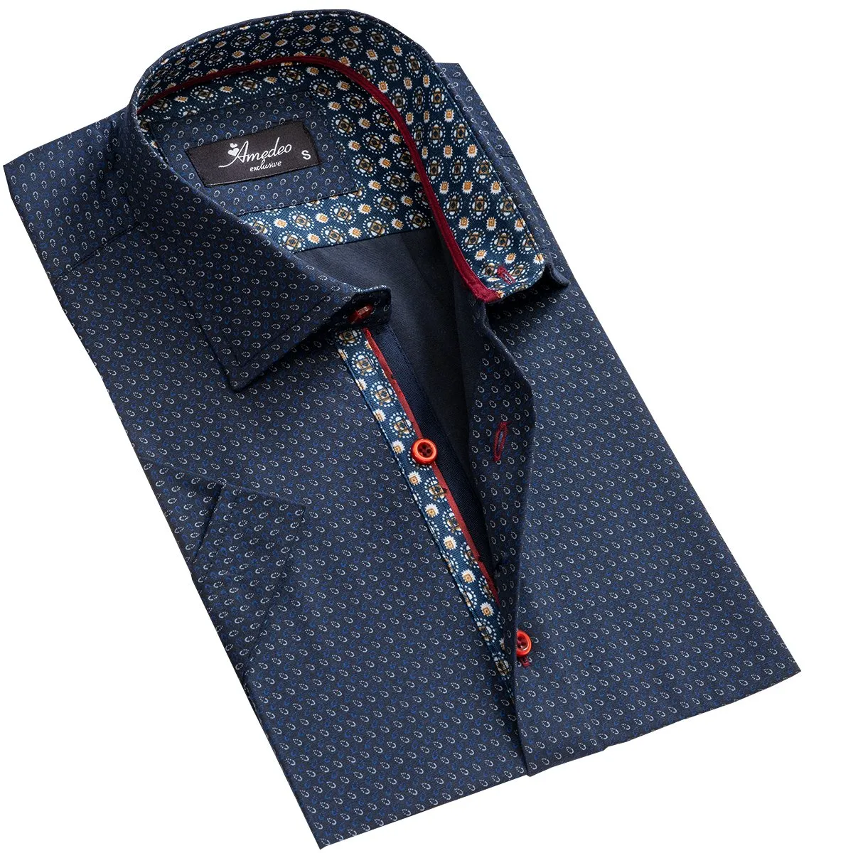 Navy Blue Circles Mens Short Sleeve Button up Shirts - Tailored Slim Fit Cotton Dress Shirts