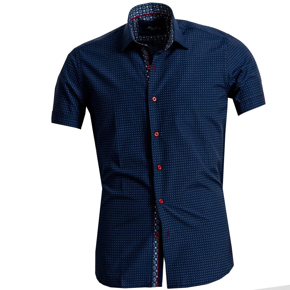Navy Blue Circles Mens Short Sleeve Button up Shirts - Tailored Slim Fit Cotton Dress Shirts