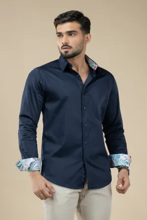 Navy Blue Satin Shirt with Inner Collar Cuff Contrast