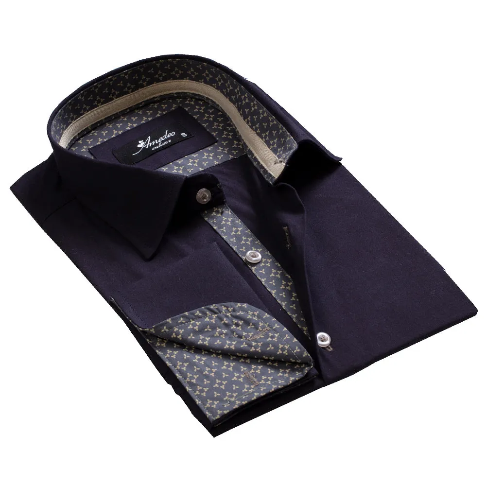 Navy Blue with Pattern Mens Slim Fit French Cuff Shirts with Cufflink Holes - Casual and Formal
