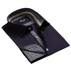 Navy Blue with Pattern Mens Slim Fit French Cuff Shirts with Cufflink Holes - Casual and Formal