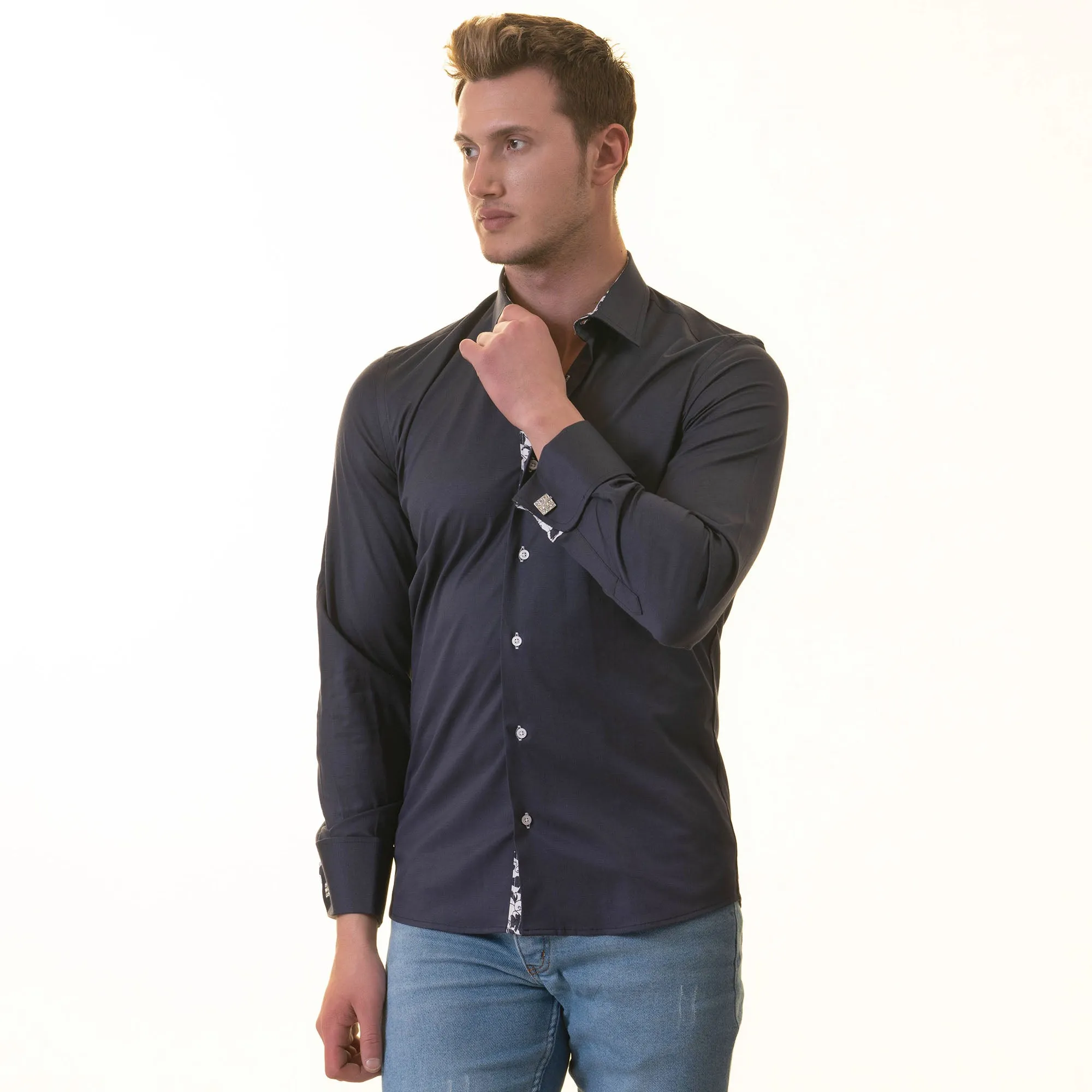 Navy inside Floral Mens Slim Fit Designer French Cuff Shirt - tailored Cotton Shirts for Work and Casual Wear