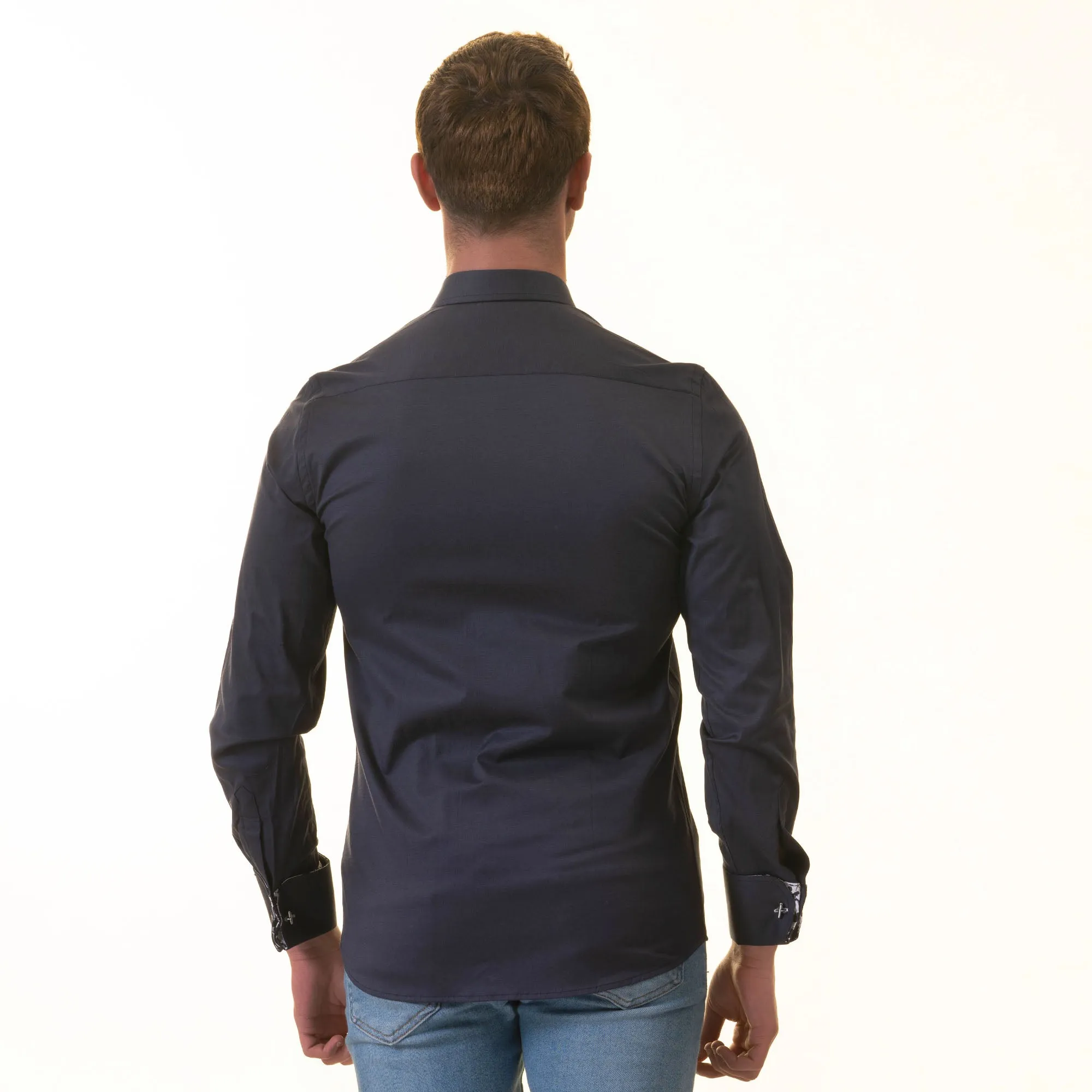 Navy inside Floral Mens Slim Fit Designer French Cuff Shirt - tailored Cotton Shirts for Work and Casual Wear