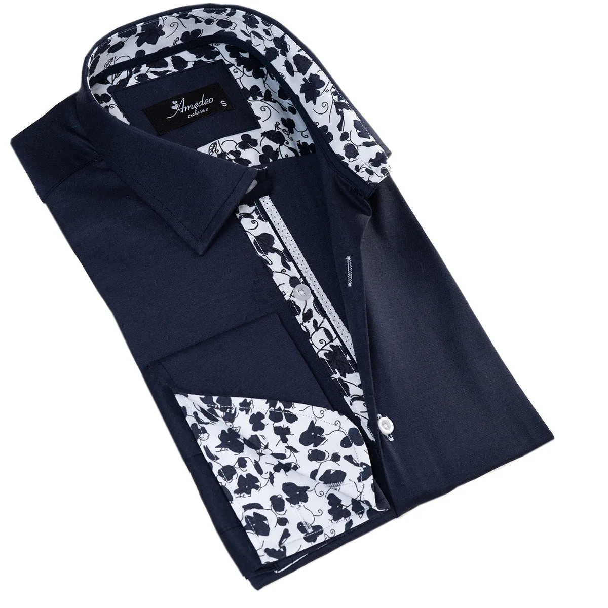 Navy inside Floral Mens Slim Fit Designer French Cuff Shirt - tailored Cotton Shirts for Work and Casual Wear