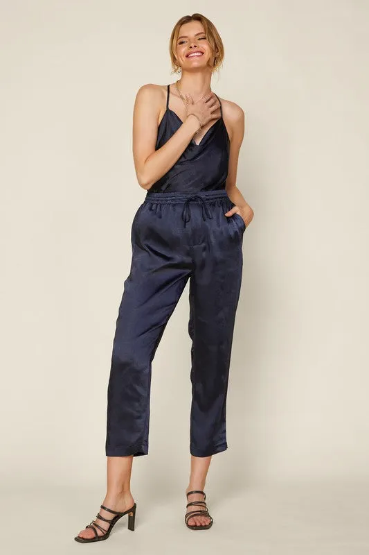 Navy Satin Pull-On Joggers