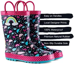 New KomForme Kids Girl Rain Boots, Waterproof Rubber Printed with Handles (Color: Umbrella Under Rainbow, Size: 7 Toddler)