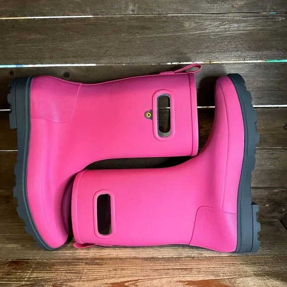 New NWOB Big‎ Kids Childrens Bogs Holly Jr Tall Pink Rubber Rain Boots Size 6 Y