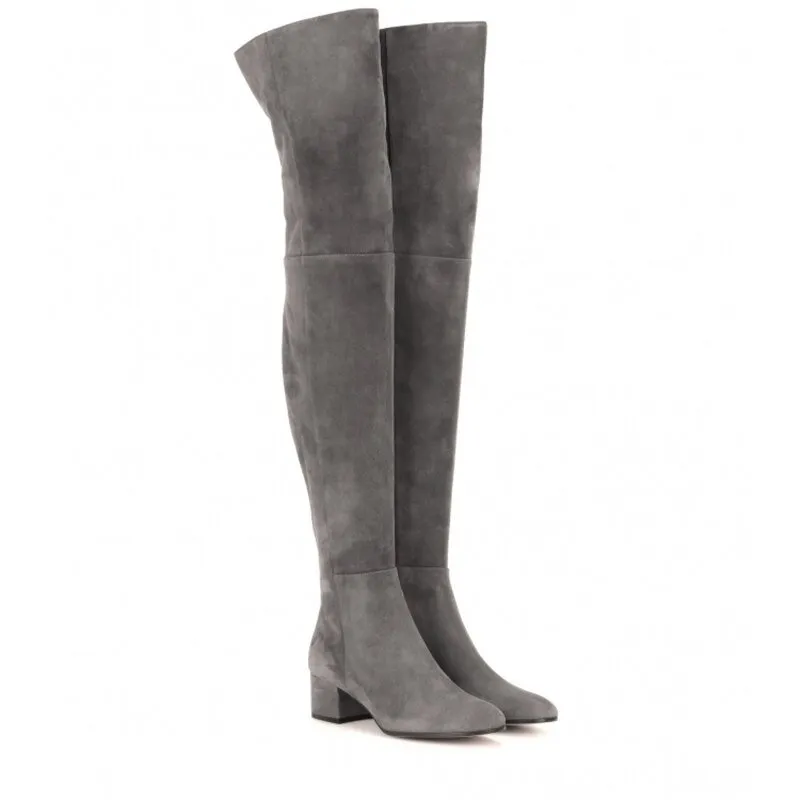 New Woman Round Toe Suede Thick Heels Over The Knee Boots