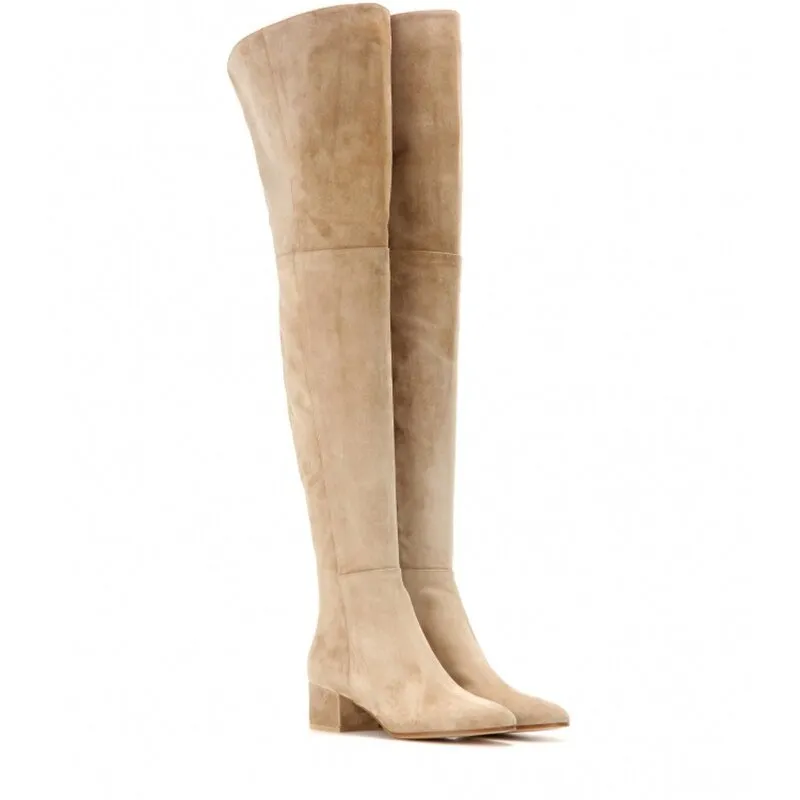 New Woman Round Toe Suede Thick Heels Over The Knee Boots
