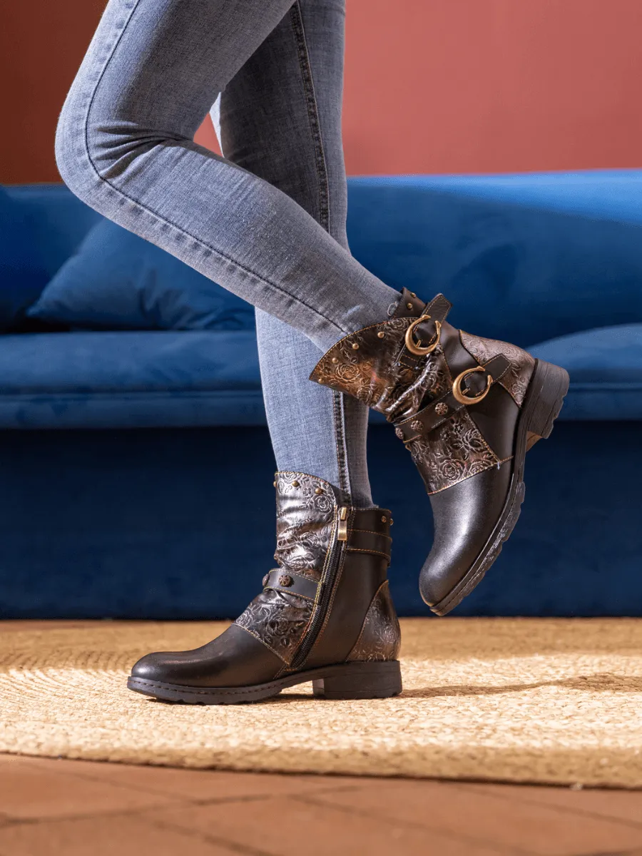 Nicolette Rivet Stud Leather Moto Boots - Black
