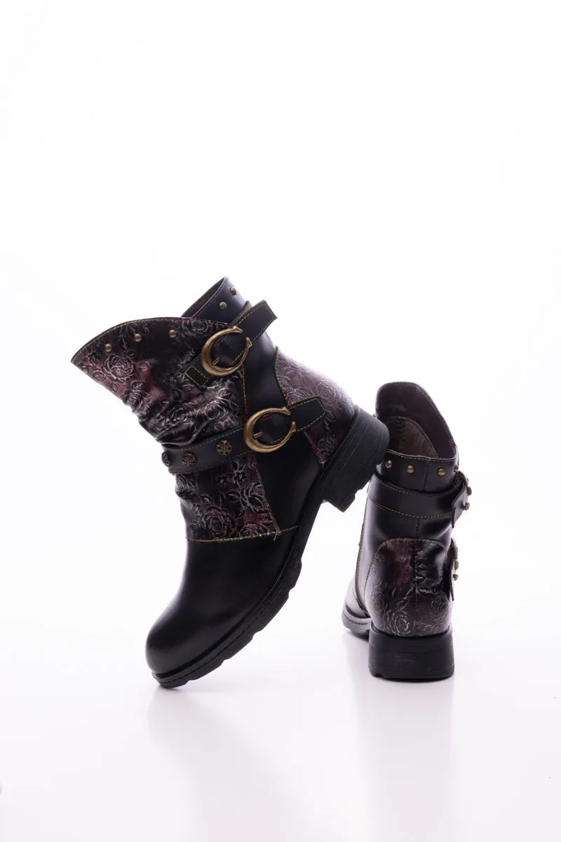 Nicolette Rivet Stud Leather Moto Boots - Black