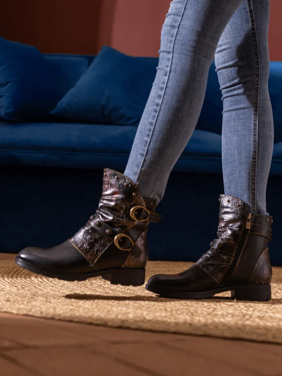 Nicolette Rivet Stud Leather Moto Boots - Black