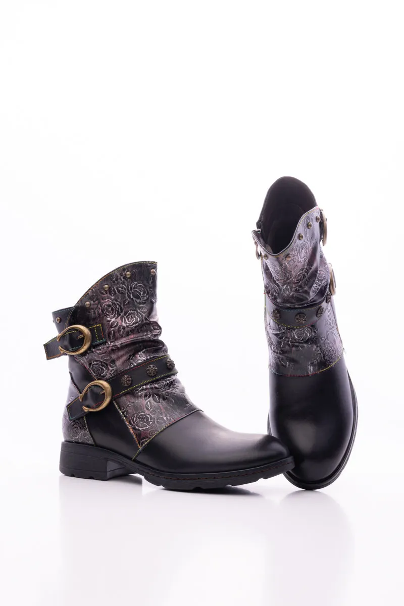 Nicolette Rivet Stud Leather Moto Boots - Black