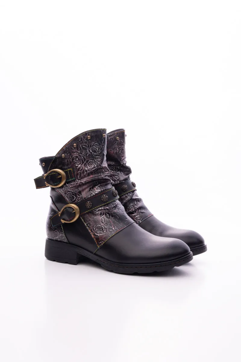 Nicolette Rivet Stud Leather Moto Boots - Black