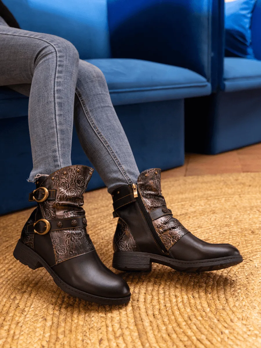 Nicolette Rivet Stud Leather Moto Boots - Black