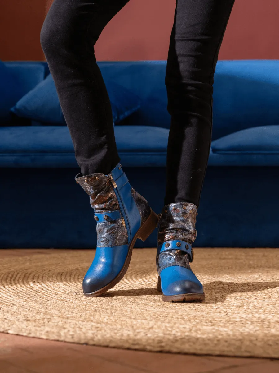 Nicolette Rivet Stud Leather Moto Boots - Blue