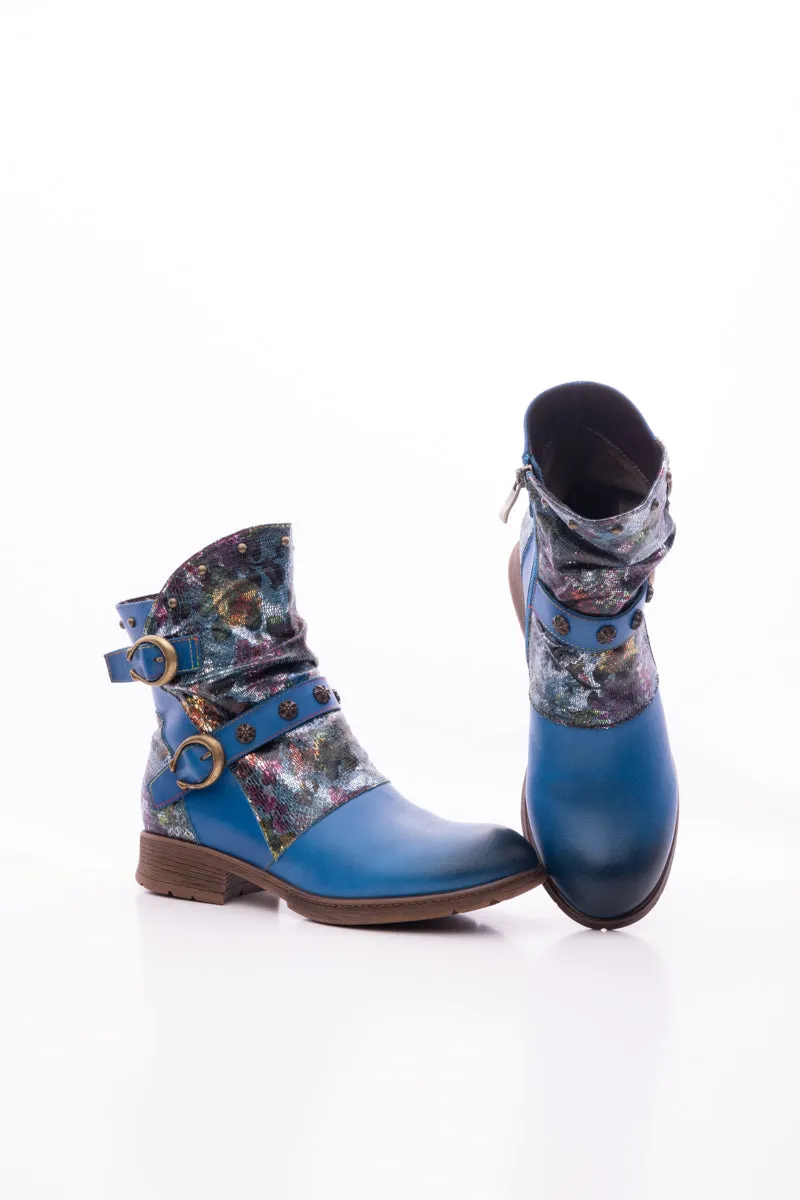 Nicolette Rivet Stud Leather Moto Boots - Blue
