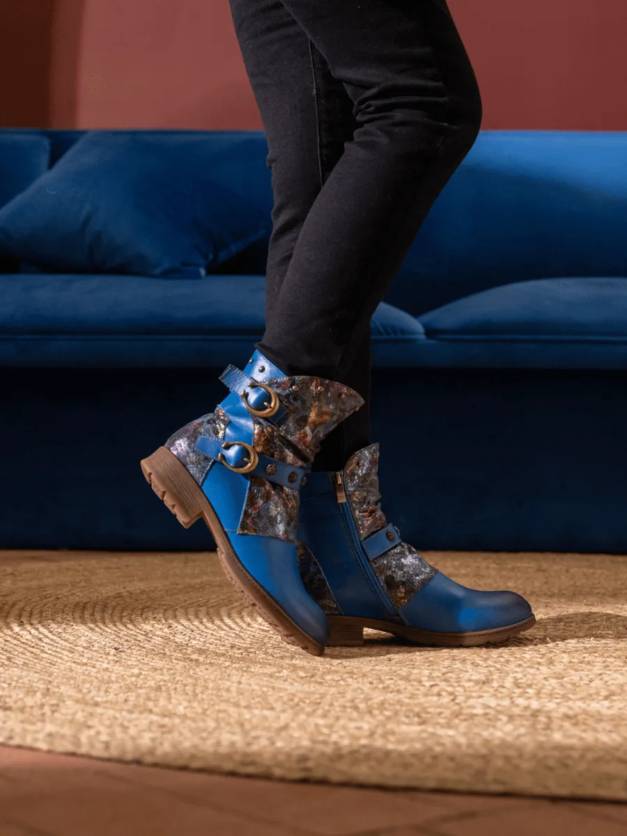 Nicolette Rivet Stud Leather Moto Boots - Blue